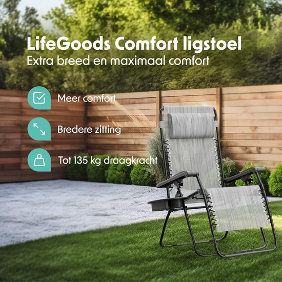 LifeGoods Opvouwbare Tuinstoel - Ligstoel Tuin - 30°-90° Verstelbaar - Metaal - Lichtgrijs