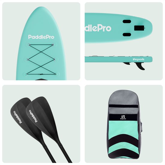 LifeGoods PaddlePro SUP Board - Opblaasbaar Paddle Board - Complete Set - Max. 135KG - 320x81cm - Pastelgroen