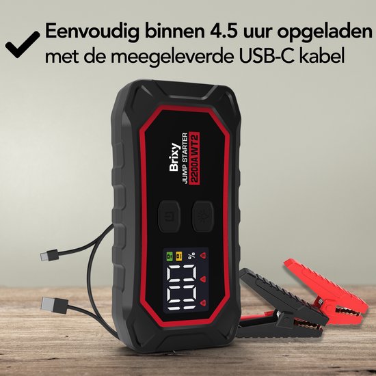 Brixy Jumpstarter voor Auto - 2200A / 16.000 mAH - 4-in-1 Starthulp - LED Zaklamp, SOS Noodlicht en Powerbank - Rood/Zwart