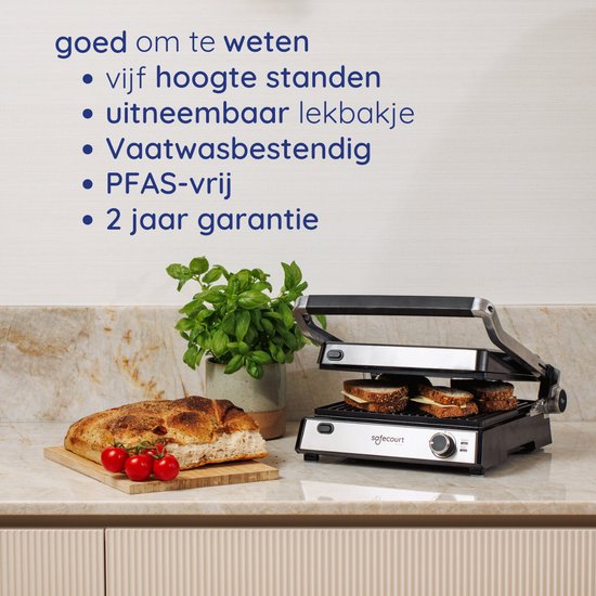 Safecourt Kitchen Tosti apparaat – Paninigrill en Tosti ijzer – Uitneembare PFAS-vrije platen & vaatwasserbestendig – Groot grilloppervlak – snel warm (2000W) – Contactgrill