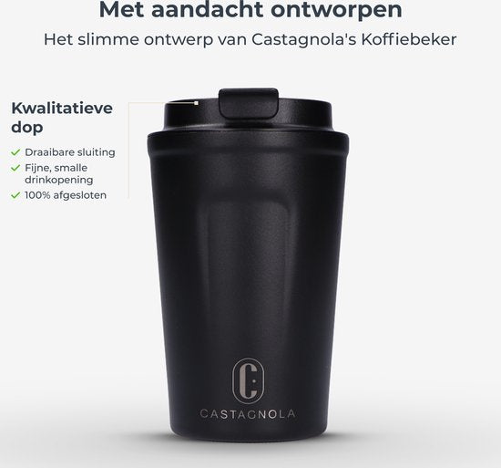 Castagnola Thermosbeker - Koffiebeker To Go - Reis Mok voor Koffie en Thee - Theebeker - 380 ML - RVS - Zwart