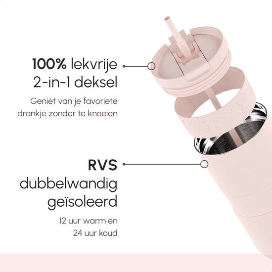ONYX Drinkfles met Rietje 1.2 Liter - Waterfles voor Kinderen & Volwassenen - Thermosbeker Travel Mug - Motiverende Drinkbus - Drinkbeker voor School - Roze
