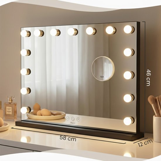 Bayt Hollywood Spiegel met verlichting - Make Up Spiegel met Verlichting - Spiegel Met Verlichting - Dimbaar - 10x Vergroting - 58x46cm - Zwart