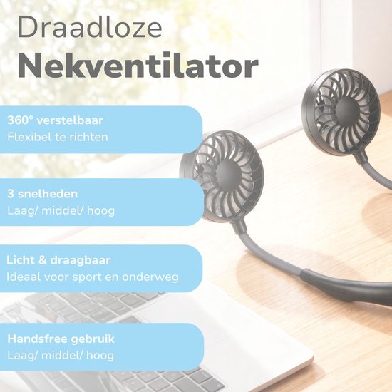 Lifetime Air Draagbare Nekventilator - Mini Ventilator Handsfree met 3 Standen en 360° Verstelbaar - Zwart