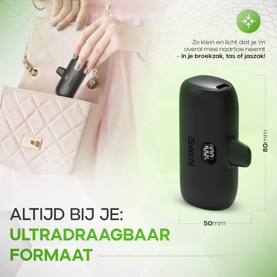 iSetchi Mini Powerbank 5000 mah - Compact formaat - Externe Batterij - Geïntegreerde Kabel - Noodpakket - Lightning Kabel - LED-Display - Geschikt voor iPhone - Zwart