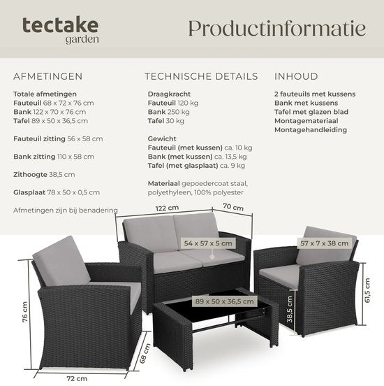 tectake® Wicker Tuinset voor 4 Personen - 2-zits Tuinbank en 2 Tuinstoelen - Tafel met Afneembaar Glazen Blad - Comfortabele Zit- en Rugkussens - Loungeset voor Tuin, Terras, Balkon - Zwart