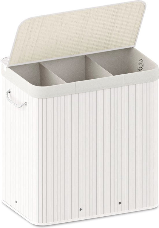 Organess wasmand 3 vakken - Wassorteerder - Wasmand met deksel - Opvouwbaar - 150L - Witte bamboe