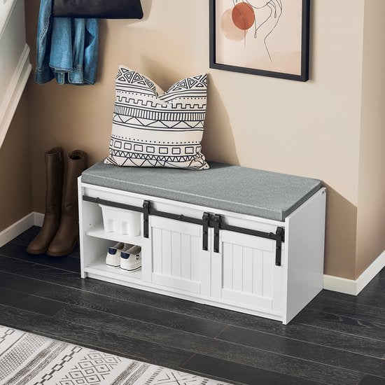 SoBuy Schoenenrek met Schuifdeuren, Halmeubel met Kussen, 6 Vakken Schoenenbank voor Entree, 90x35x46 cm, Wit, FSR133-K-W