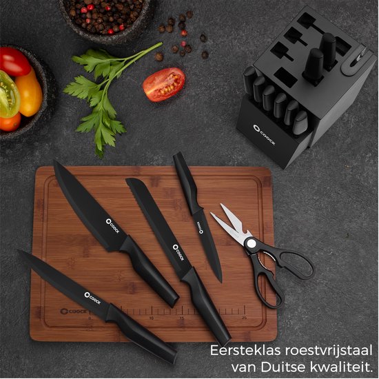COOCK - Messenset met Blok en Vouwbare Snijplank – Keukenmessen - Schaar - Messenslijper – 15-Delige Keukengerei Set in Messenblok - RVS – Met ‘Non Stick’ Coating - Zwart