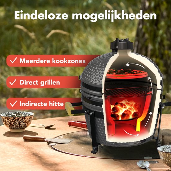 KitchenBrothers Kamado BBQ - 16 Inch Houtskool Barbecue - 34⌀ cm - PFAS-vrij - Deluxe Set - Egg BBQ met Accessoires - Grijs
