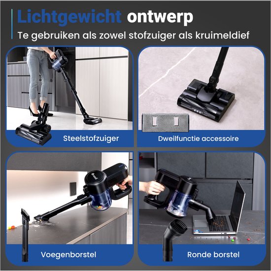 Saaf G80 Steelstofzuiger met Dweilfunctie - 8-delige set met Buigbare Steel - 22Kpa - Stofzuiger zonder Zak - 150W - Draadloos - Zwart