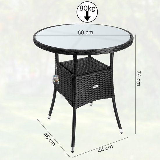 Casaria Polyrattan Bijzettafel 60cm Rond - 5mm Veiligheidsglas \\u2013 Zwart