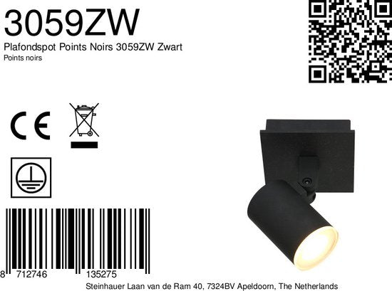 Plafondspot Steinhauer Points Noirs 3059ZW Zwart - Draaibaar en kantelbaar, gemaakt van metaal en kunststof, inclusief lichtbron, geschikt voor binnengebruik