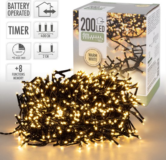 Micro Cluster 200 led - 4m - warm wit - Werkt op Batterij - 8 Lichtfuncties - Geheugen - Timer