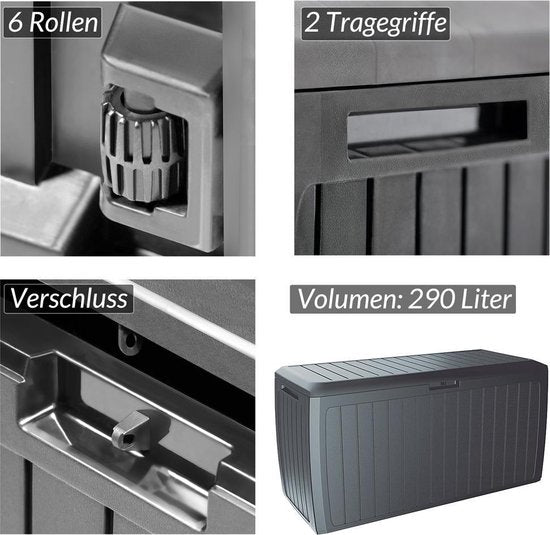 Casaria Opbergbox - Deksel Wielen 290L 117x47x60cm - Antraciet