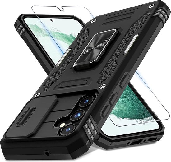 Podec Hoesje geschikt voor Samsung Galaxy A56 / A36 / A37 - Zwart Telefoonhoesje - Anti-Shock Case Cover - Hybrid Armor Hoes met Kickstand Ring met Screenprotector