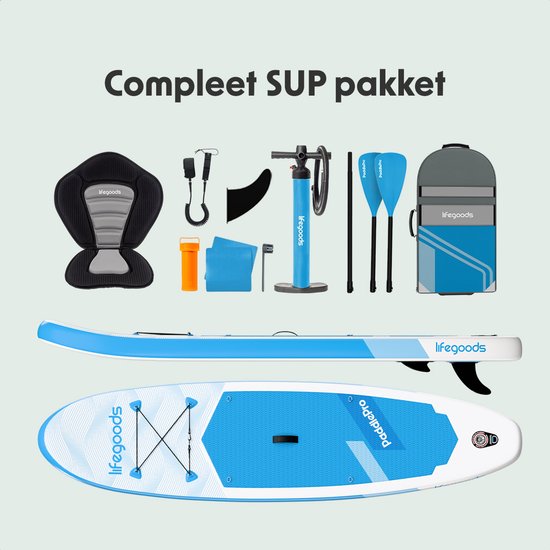 LifeGoods SUP Board Allround Compact - Met Zitje - 100 KG Draagkracht - 300 x 76 cm - Opblaasbaar - Compleet SUP pakket - Sky Blue