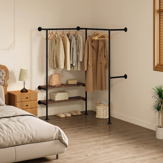 Rootz Hoekkast - Kledingkast - Kledingorganisator - Kledingrek - Opbergsysteem - Dressoir - Kledingstandaard - Zwart + Vintage Houtnerf - 130,5x187x130,5cm