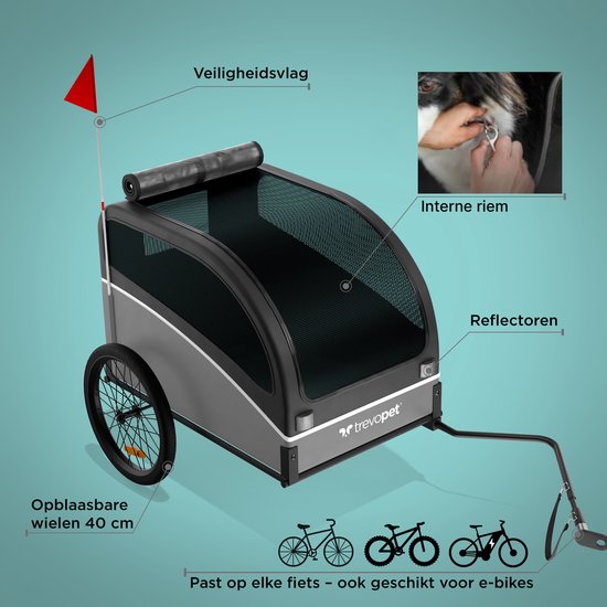 Trevopet® Hondenfietskar - Opvouwbare Fietskar Hond - Hondenkar - Geschikt voor E-Bikes - Tot 40 kg - Voor Middelgrote & Grote Honden - Zwart