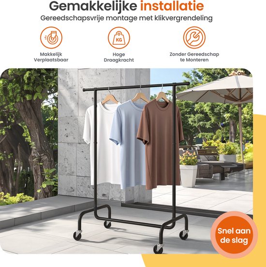 Goliving Kledingrek op wieltjes XL - Uitschuifbare Kledingstang 112-150 cm - 130kg Draagvermogen - Stevig Garderoberek - Metaal - Zwart