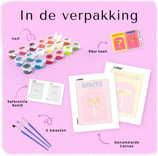 Rubye® Mini Schilderen op Nummers - 2 stuks - Volwassenen - Schilderen op Nummer Kinderen - Set - Cocktails - 15x20cm