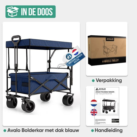 Avalo Bolderkar Met Dak XL Opvouwbaar - Tot 110KG Draagvermogen - 120L - 97x60x105 CM - 360º Wielen - Bolderwagen / Bolderkarren / Strandkar / Trekkar / Plooibare Bolderkar - Voor Strand - Blauw
