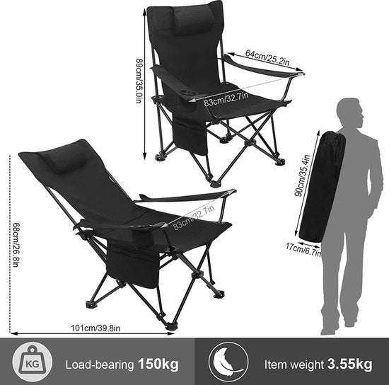 Campingstoel, inklapbare klapstoel, visstoel, lichte strandstoel, vouwstoel met rugleuning, bekerhouder, opbergtas, 150 kg belastbaar, zwart