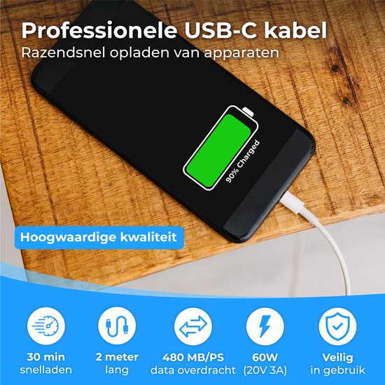 Nuvance - Usb C naar Usb C Kabel - 2 Meter - Usb-C Kabels - Snellader - 480Mb/ps Data - Usb C Oplader - 60W - Wit
