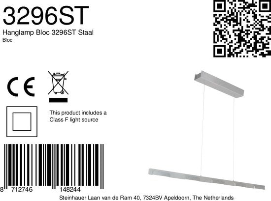Steinhauer - hanglamp - Bloc - staal - glas metaal - design lamp - LED - 3296ST