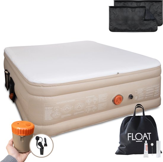 FLOAT CloudSpring - 2 Persoons luchtbed met (5 cm) Foam Topper - <3 min snel opgeblazen - Inclusief 2 opbergzakken, draagtas en reparatiekit - 203x152x46 cm - Zelfopblazend Twee persoons luchtmatras - Ingebouwde elektrische pomp - Stevig Logeerbed