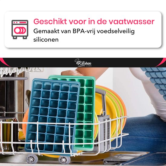 KitchenLove Siliconen IJsblokjesvorm met Deksel (2 Stuks) - 80 ijsblokjes - Vierkant - BPA Vrij - 100% Silicone - Groen & Blauw