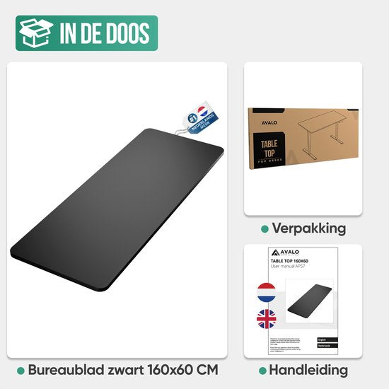Avalo Bureaublad Los 160x60cm - Zwart - Tafelblad - Blad Elektrisch Bureau