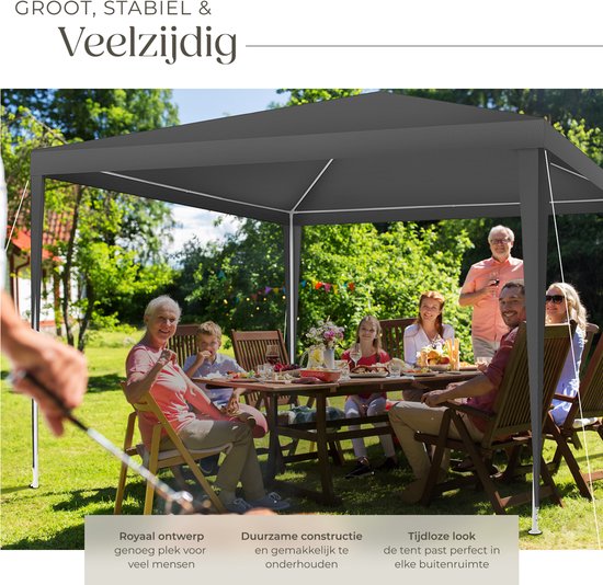 Tectake Partytent - Paviljoen - Opvouwbaar - Met Zijwanden - Waterdicht - 300 x 300 cm – Grijs
