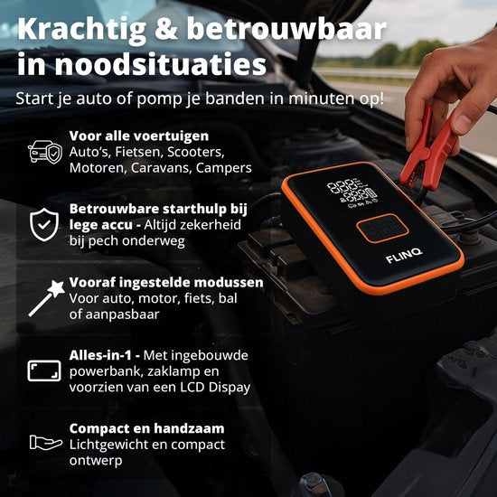 FlinQ 12V Jumpstarter voor Auto & Motor - 4-in-1 Luchtcompressor, LED Zaklamp, SOS Noodlicht & Powerbank - Elektrische Bandenpomp - Starthulp - Incl Opbergtas