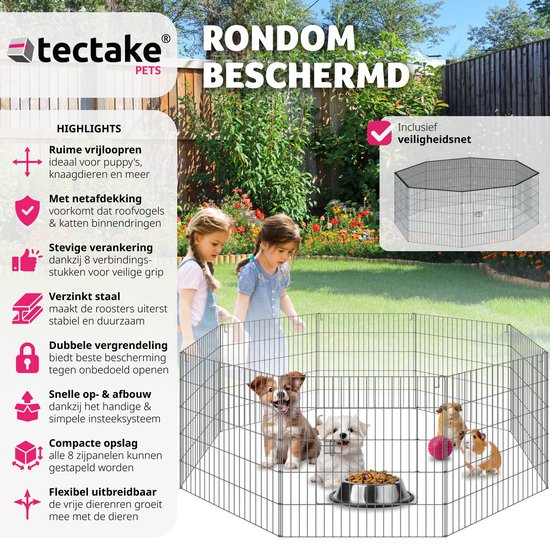 tectake - Dierenhokje met veiligheidsnet - Buitenverblijf - Opvouwbaar en uitbreidbaar - Staal - 145 x 73 cm