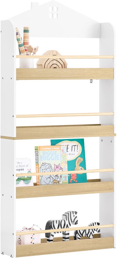 SoBuy KMB121-WN Boekenkast voor kinderen, 4 niveaus, meubels, speelgoed, boekenkast, opbergkast, plank, slaapkamer, wit/naturel, 60 x 15 x 130,5 cm
