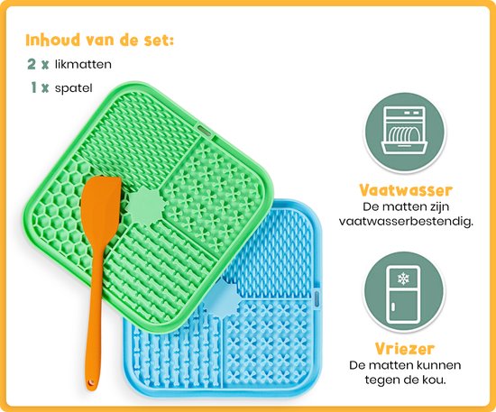 Frummel Likmat Hond - Hondenlikmat - Honden Speelgoed Slowfeeder Voermat Hond - Blauw en Groen met spatels - Twee stuks - 2x