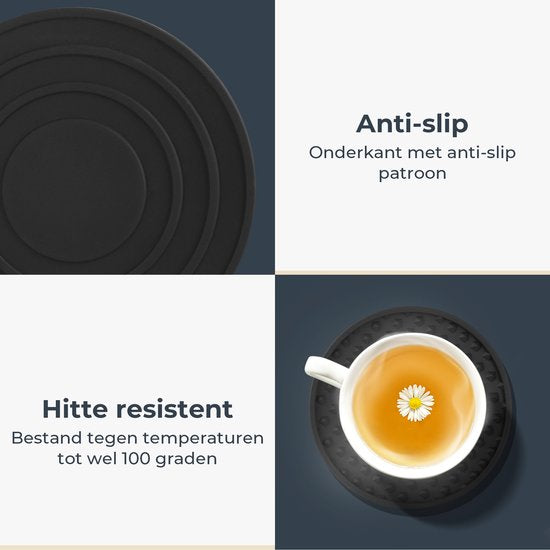 Castagnola Siliconen Onderzetters – Onderzetters voor Glazen – Design Onderzetters met Houder – Onderzettersset – Anti Slip - Set van 14 – Zwart
