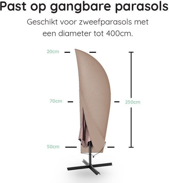 Volcan Parasolhoes voor Zweefparasol - Waterdicht - Met Rits en Stok - Oxford 420D - Tot 400cm - Taupe