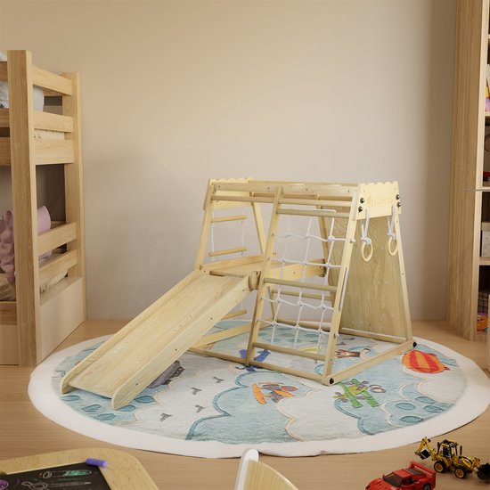 Juskys – Indoor Klimrek Voor Kinderen – 102 x 98 x 100 cm & Met Glijbaan En Klimwand – Voorzien Van Turnringen En Touwladder – Inklapbaar En Vrijstaand – Naturel En Bont Hout