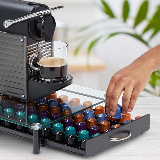 KitchenBrothers Capsulehouder - met Lade - Nespresso - 60 Cups - Glas - RVS/Zwart