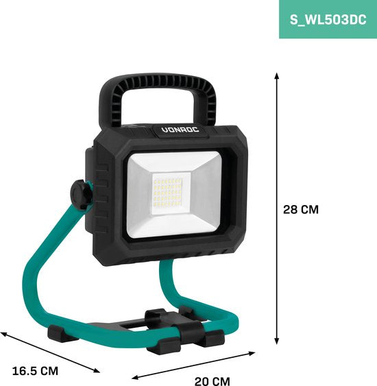 VONROC Accu Bouwlamp 20V - LED - 20W – 2 standen: 900/1800 lumen – kantelbaar – brede stralingshoek - Incl. 2.0Ah accu en snellader