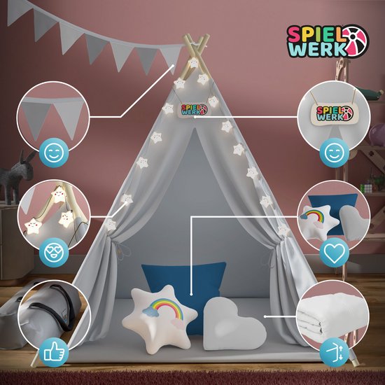 Spielwerk Speeltent – LED 3 Kussens Spanschroef 130x130x160cm - Grijs