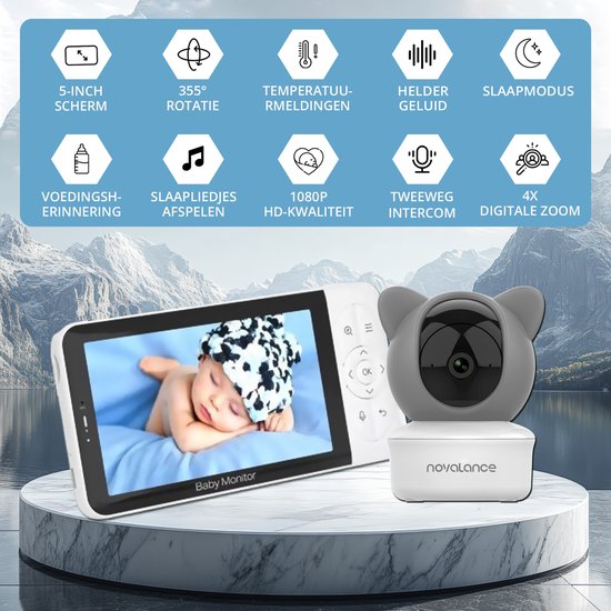 Novalance - Wifi Baby Monitor - Babyfoon Met Camera - Babyfoon met 5 inch scherm - Slaapliedjes - Slimme detectoren