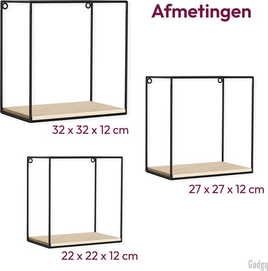 Gadgy Wandrekken Industrieel - Set van 3 - Vierkant Wandrek Zwart - Wanddecoratie Woonkamer - Muurdecoratie Hout - Wandplank zwevend voor Slaapkamer - 32, 27 en 22 cm