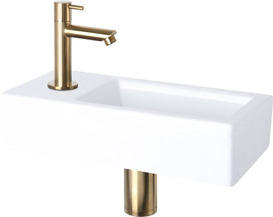 Differnz Helios Fonteinset 37,5x18,5x9 cm – Wastafel Keramiek Wit – Met Koudwaterkraan Links Recht Mat Goud – Fonteinset Toilet – Incl. Sifon & Always-Open Afvoerplug – Wandmontage