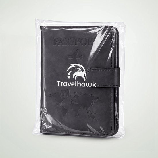 Travelhawk Paspoorthoesje - paspoorthouder - Travel Wallet - Organizer - RFID - Wereldkaart - PU Leer - Zwart