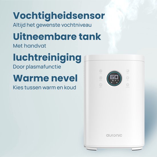 Auronic Luchtbevochtiger - 4 Liter - 40m2 - Geschikt voor Woonkamer, Kantoor, Slaapkamer, Babykamer en Meer - Met Aromatherapie - BPA-Vrij - Wit