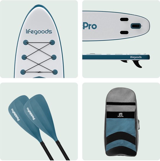LifeGoods PaddlePro SUP Board - Opblaasbaar Paddle Board - Complete Set - Max. 135KG - 320x81cm - Wit/Deep Aqua