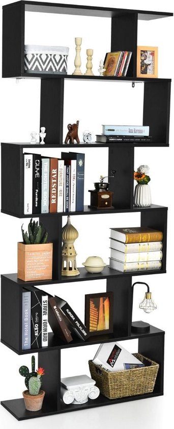 Coast 6-Laags Boekenkast S-vormige stijl - 80 x 23 x 191 cm - Bruin/Wit/Zwart